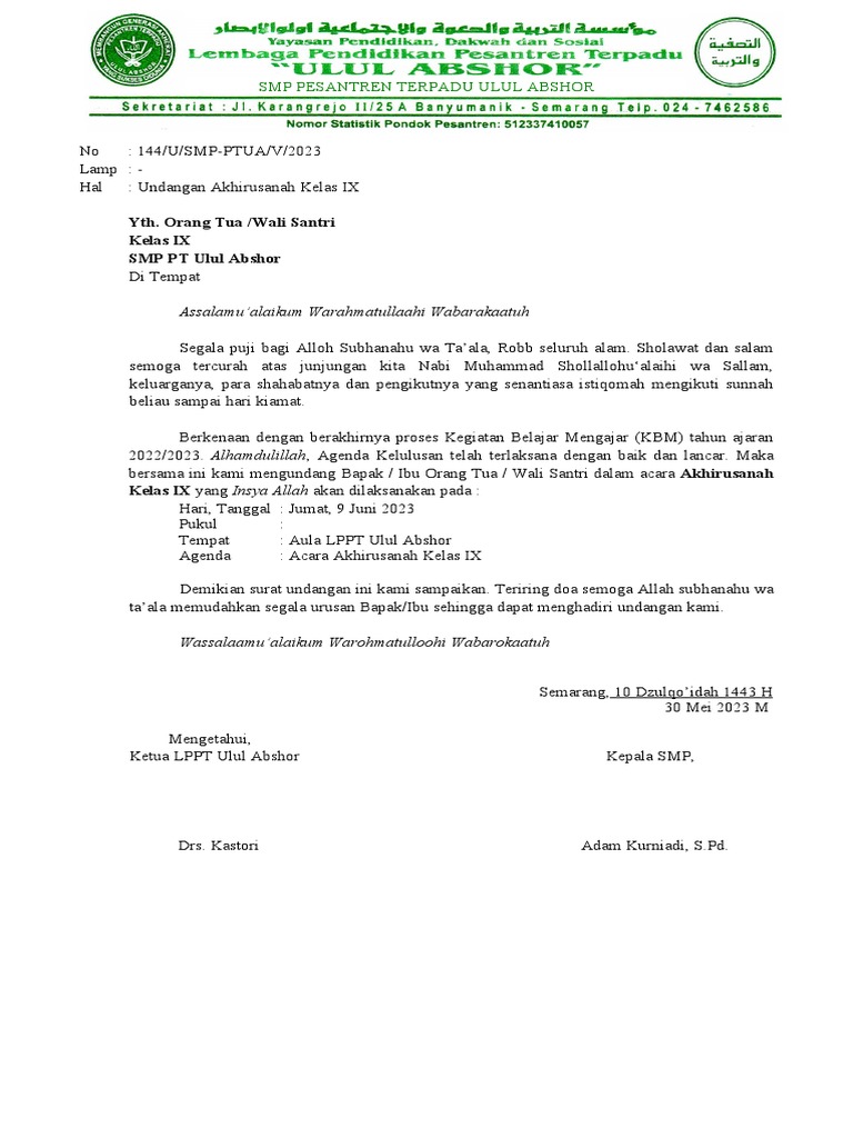144 Surat Undangan Wali Santri Akhirusanah | PDF
