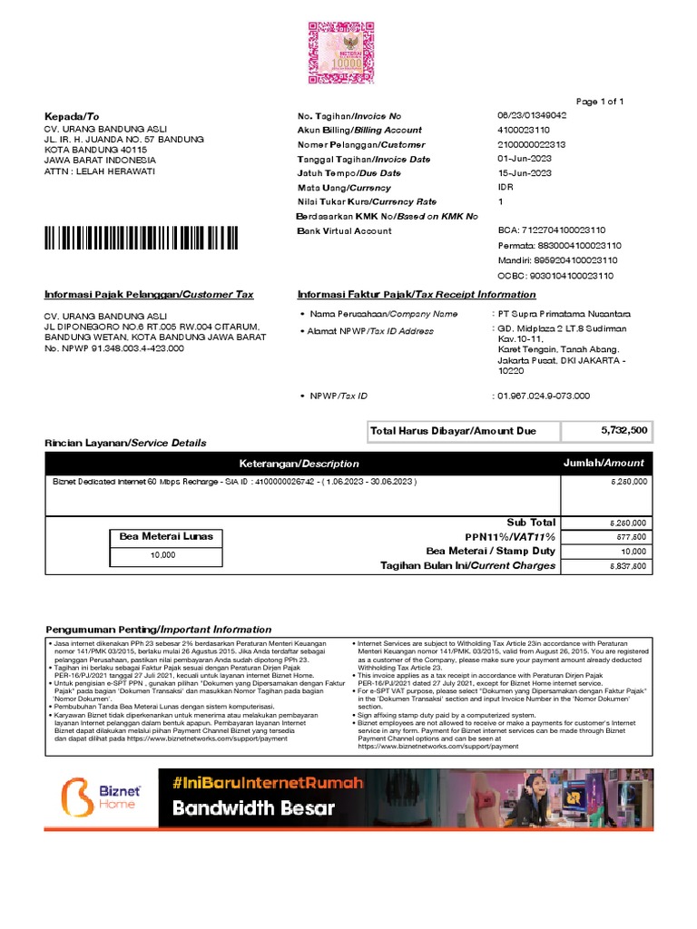 Invoice Tagihan Internet Biznet | PDF