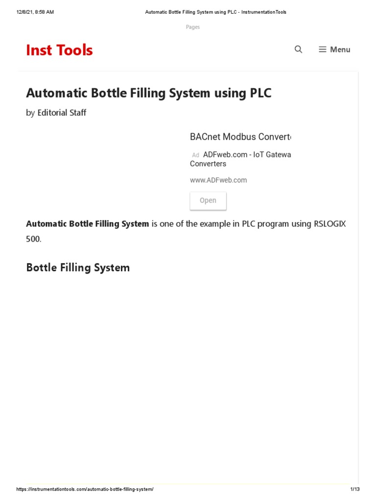 Automatic Bottle Filling System Using PLC - InstrumentationTools | PDF