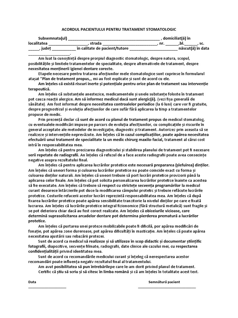 Acordul Pacientului Pentru Tratament Stomatologic | PDF