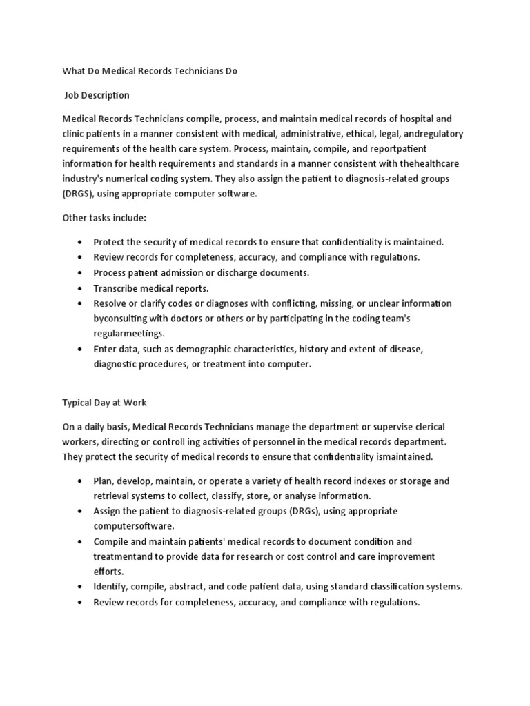 What Do Medical Records Technicians Do PDF Medical Record Patient