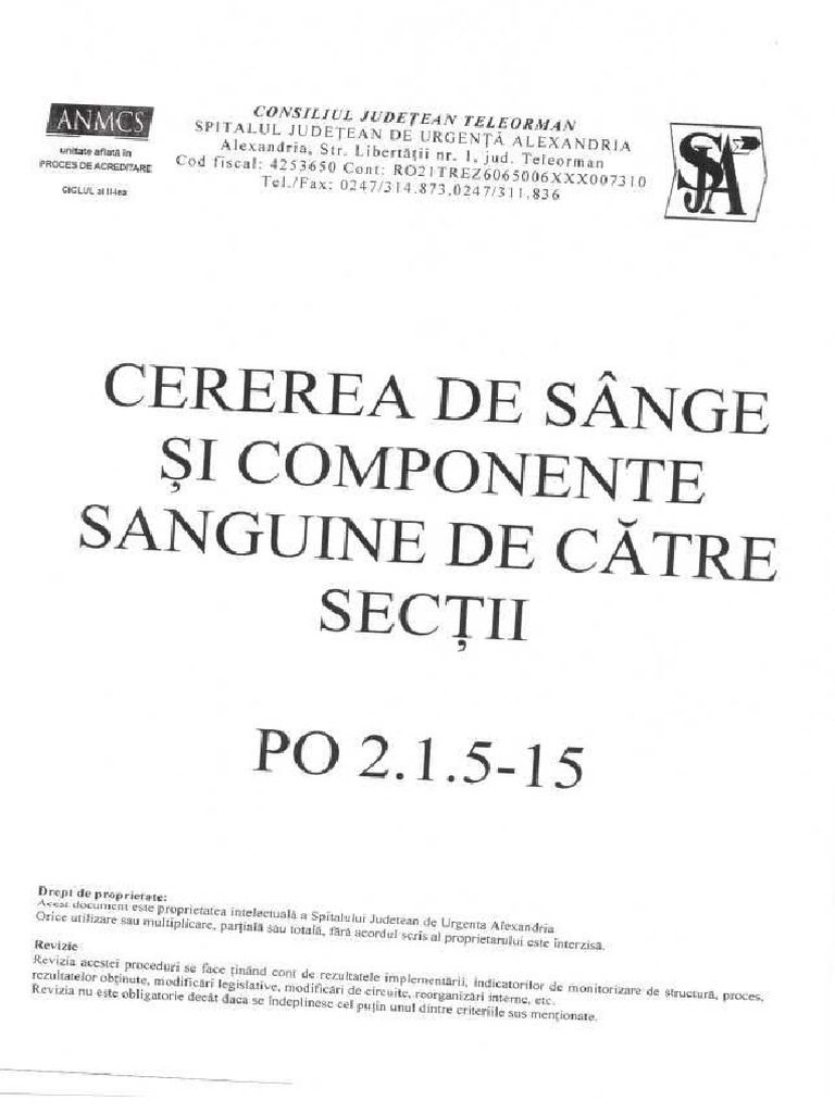 Po 2 1 5 15 cererea de sange si componente sanguine de catre sectii