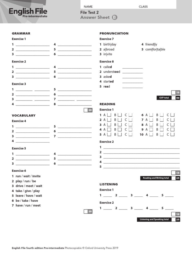 EF4e Pre-Int File Test 2B Answer Sheet | PDF
