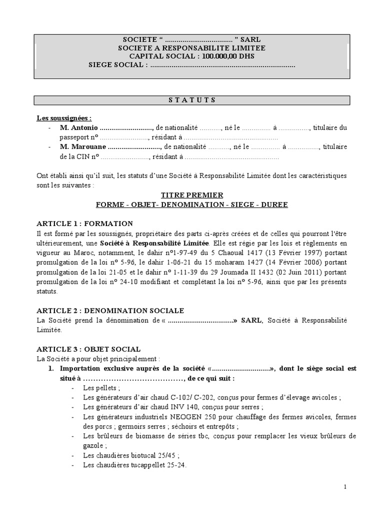 Statuts de la SARL 