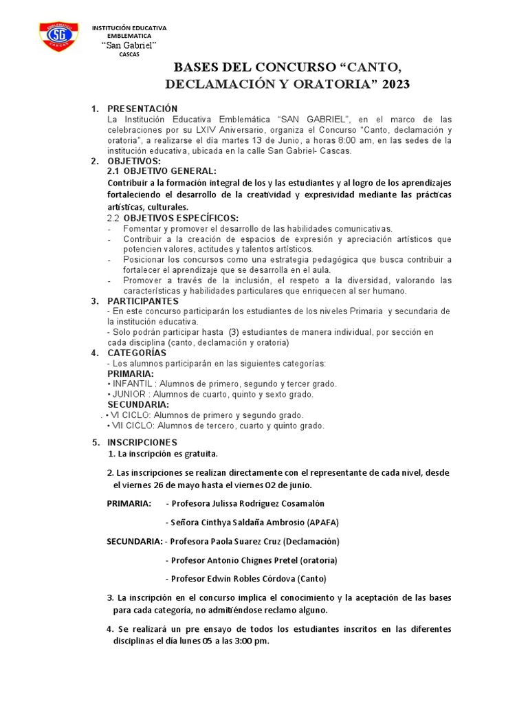 Concurso de Canto y Oratoria 2023 | PDF