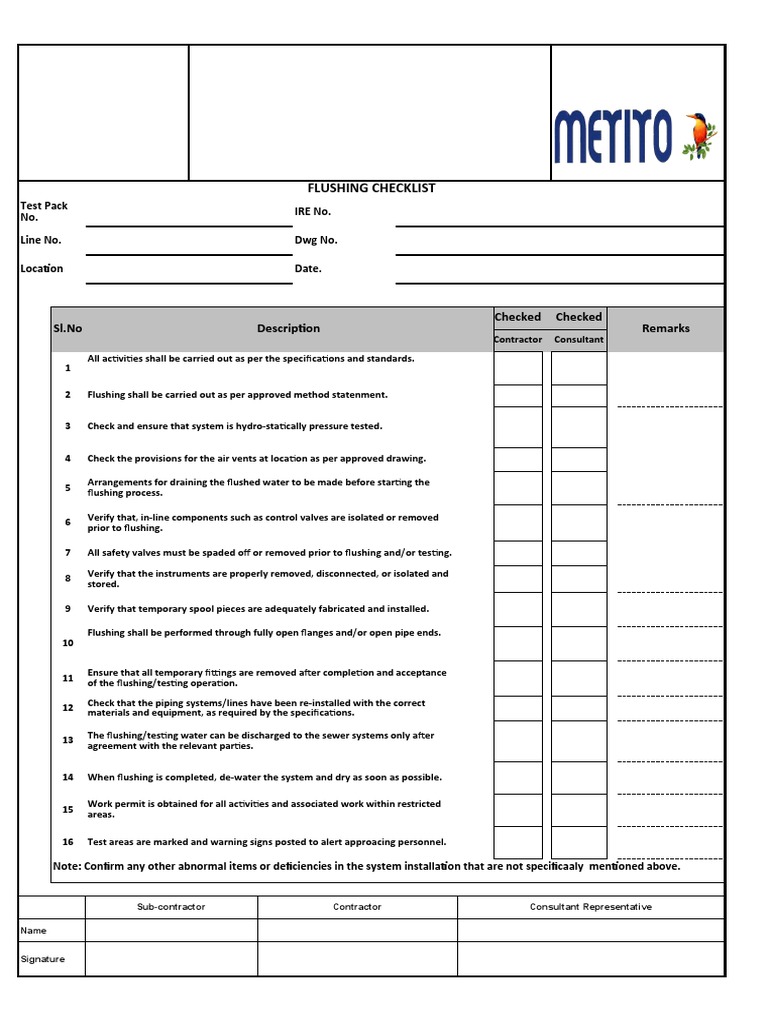 Flushing Checklist | PDF