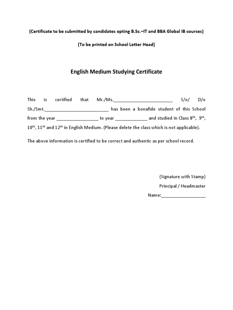 English Medium Studying Certificate Proforma For Candidates Opting For ...