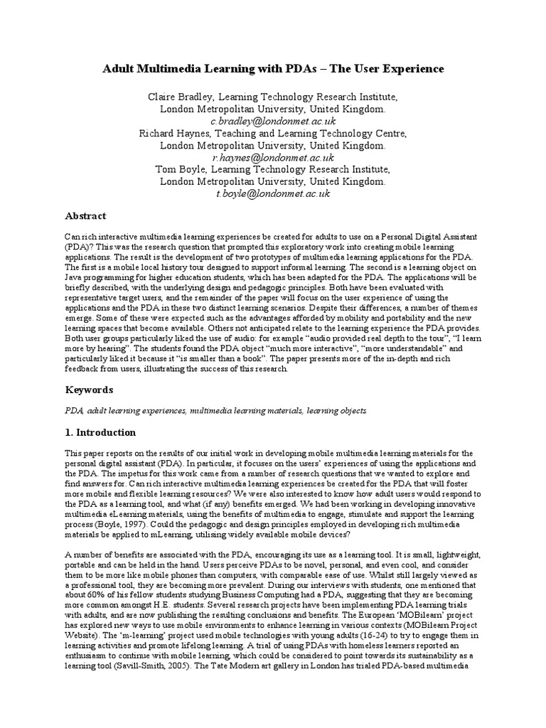 Adult Multimedia Learning With PDAs The User Experience Download