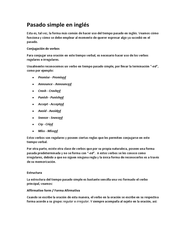 Uso del Pasado en Inglés: Ejemplos y Estructuras | PDF | Verbo ...