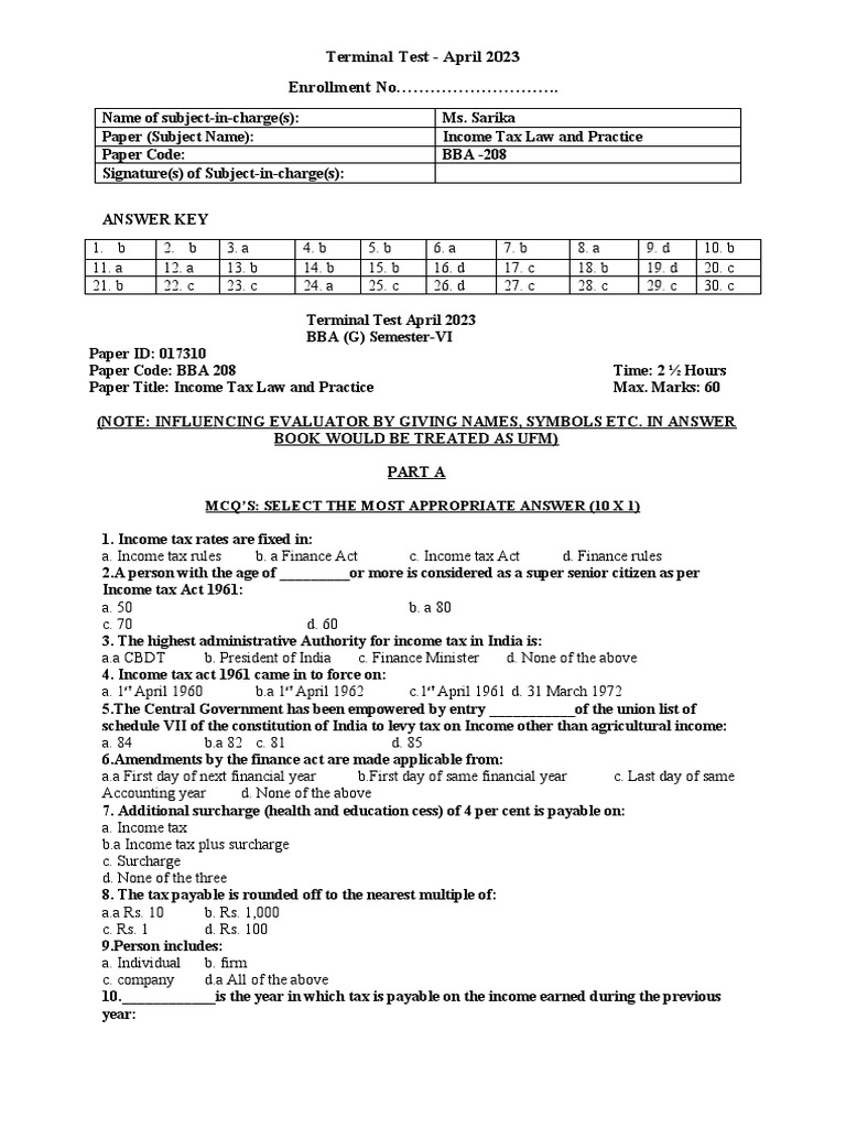 Itlp Question Bank PDF Taxes Tax Deduction