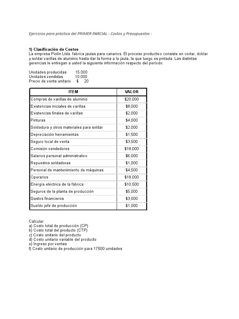 Ejercicios de Costos y Presupuestos Empresariales | PDF | Finanzas y ...