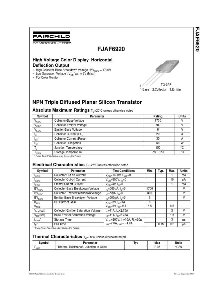Fjaf6920 j6920 PDF Bipolar Junction Transistor Semiconductors