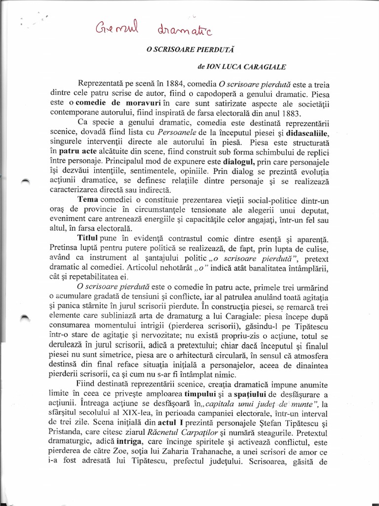 O Scrisoare Pierduta Modul Din Care Se Reflecta O Tema O Scrisoare Pierduta | PDF