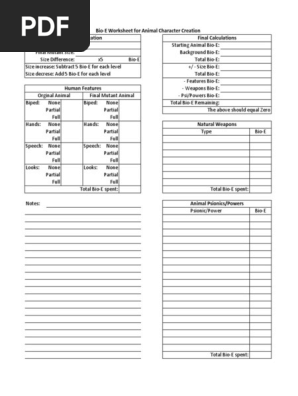 Bio-E Worksheet for Animal Character Creation