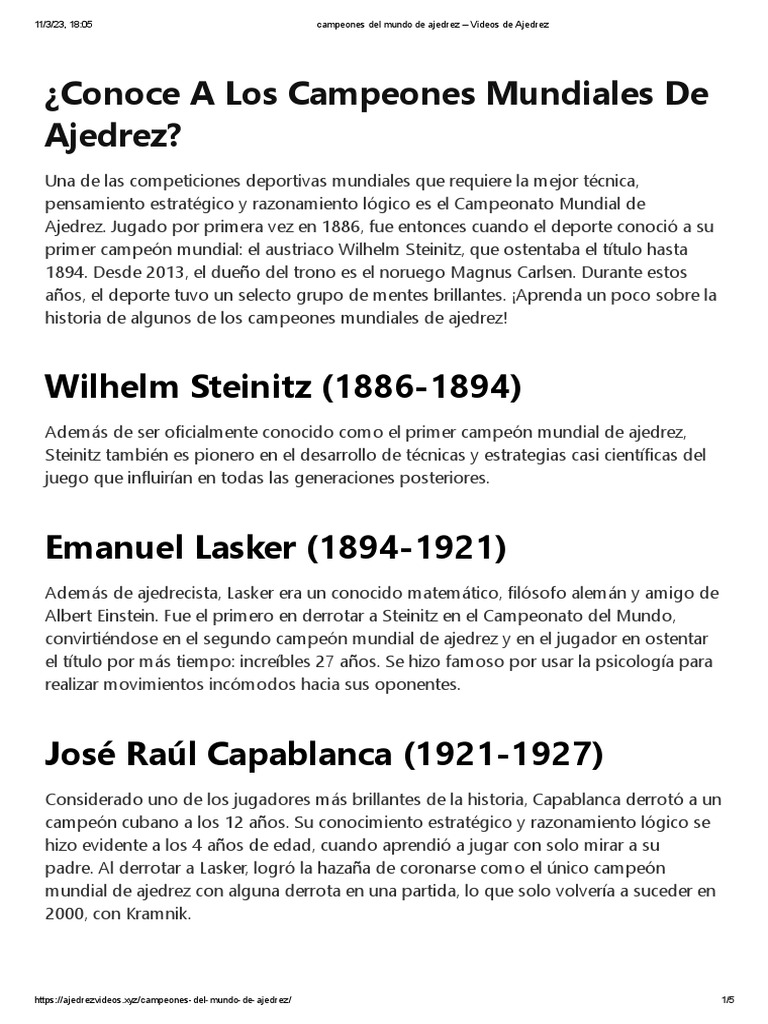 Historia de Campeones Mundiales de Ajedrez | PDF | Campeonato mundial ...