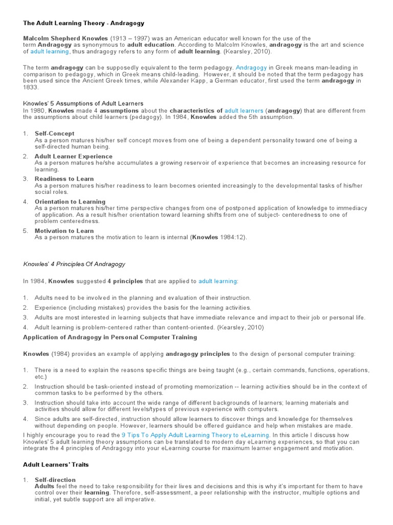 Knowles' Andragogy: Principles & Assumptions | PDF | Adult Education ...
