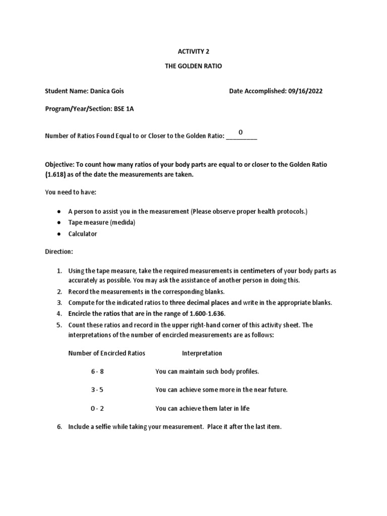 Golden Ratio Body Measurement Activity | PDF | Ratio