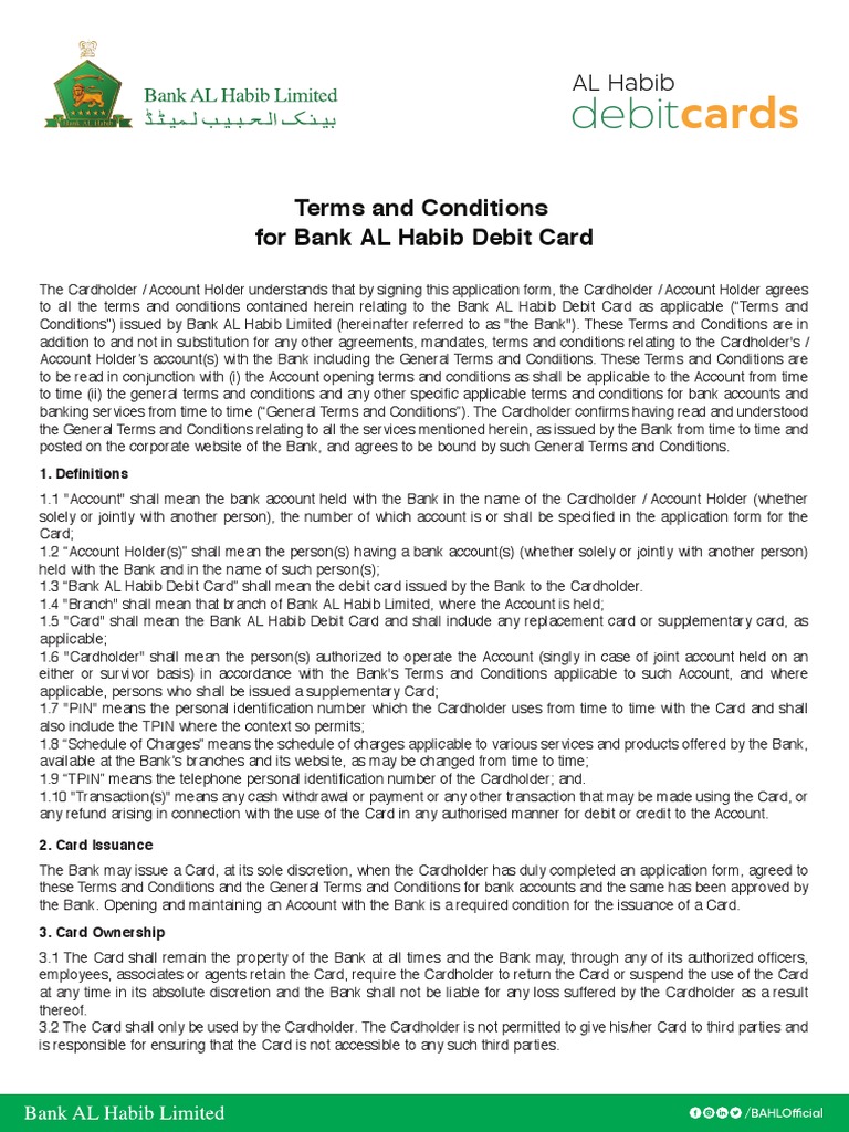 Bank AL Habib Debit Card Terms & Conditions | PDF | Debit Card | Credit ...
