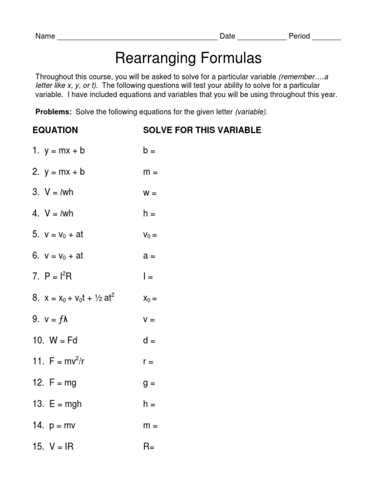 Rearranging Formulas Practice Worksheet | PDF | Language Arts ...