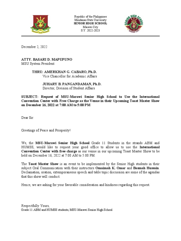 MSU-Marawi Senior High Venue Request | PDF