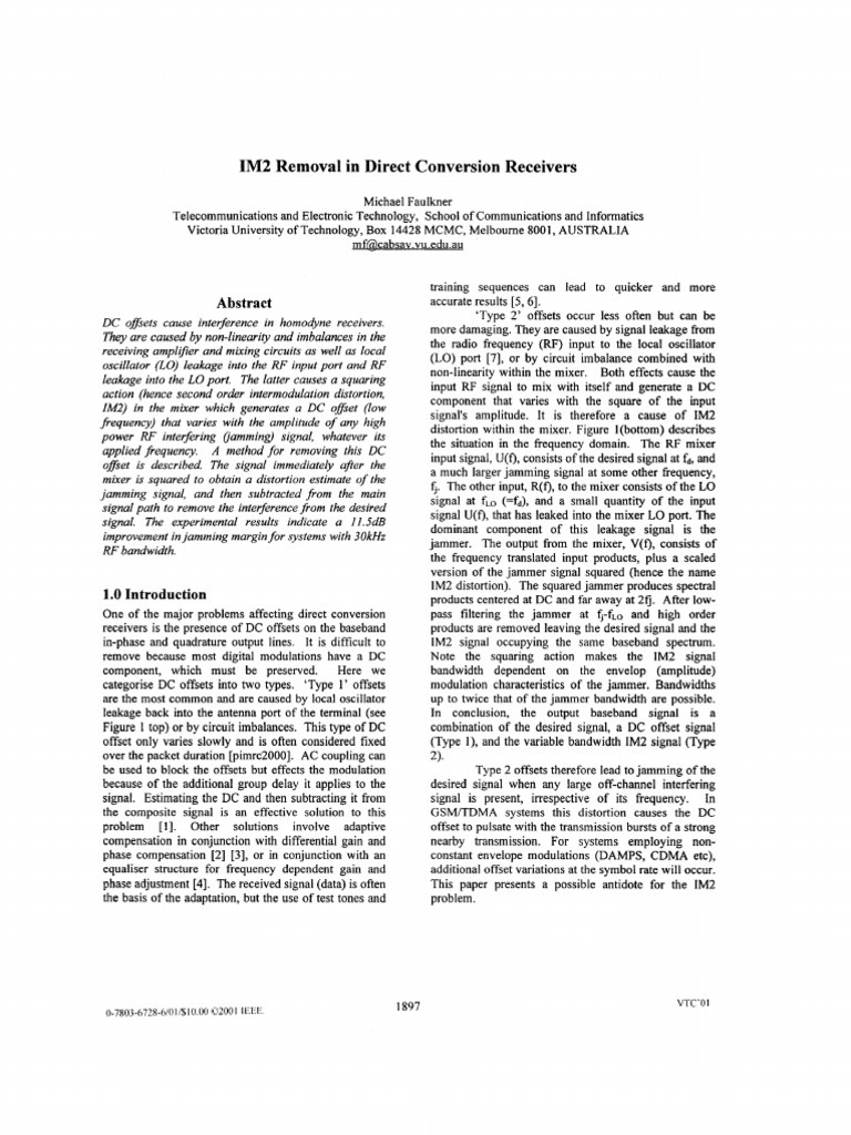 Removal in Direct Conversion Receivers: RF RF | PDF | Bandwidth (Signal ...