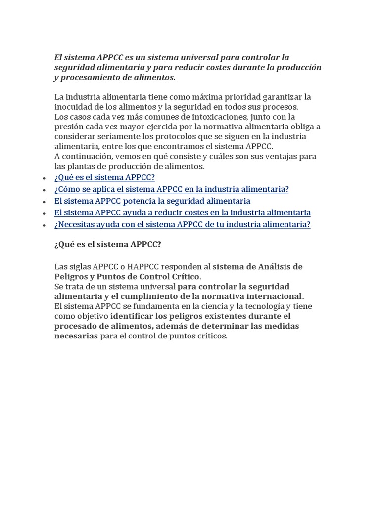El sistema APPCC es un sistema universal para controlar la seguridad ...