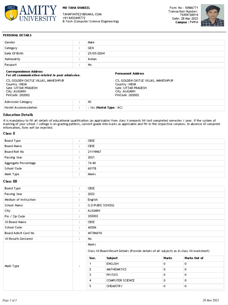 Amity PATNA Application Form | PDF