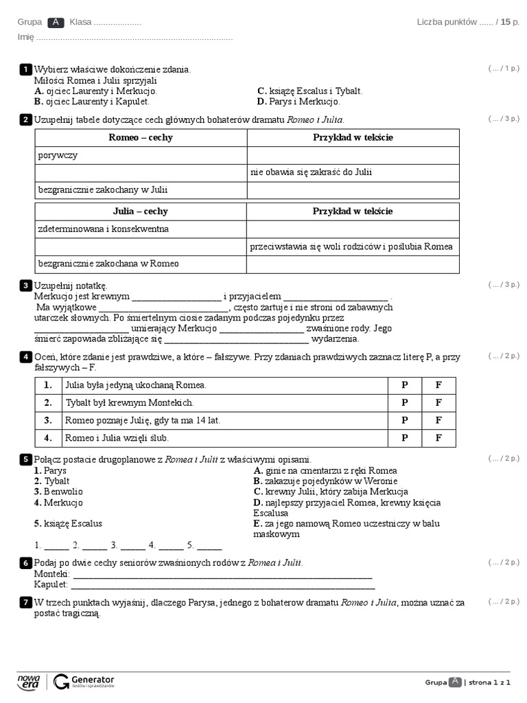 Romeo I Julia Test Online 4.1 William Szekspir Romeo I Julia Test Z Widoczna Punktacja | PDF