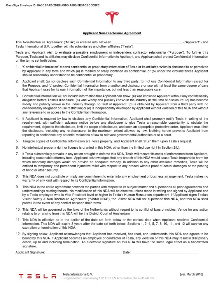 Tesla Applicant Non-Disclosure Agreement | PDF | Law