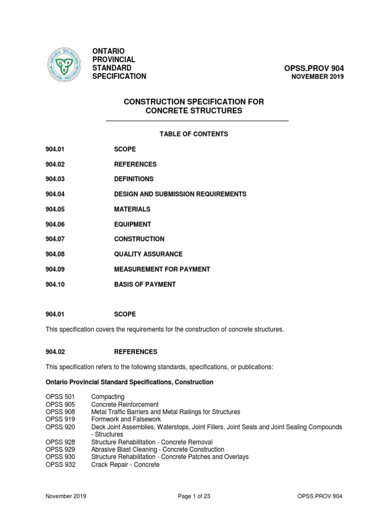 OPSS - PROV 904 - Nov 2019 | PDF | Concrete | Materials