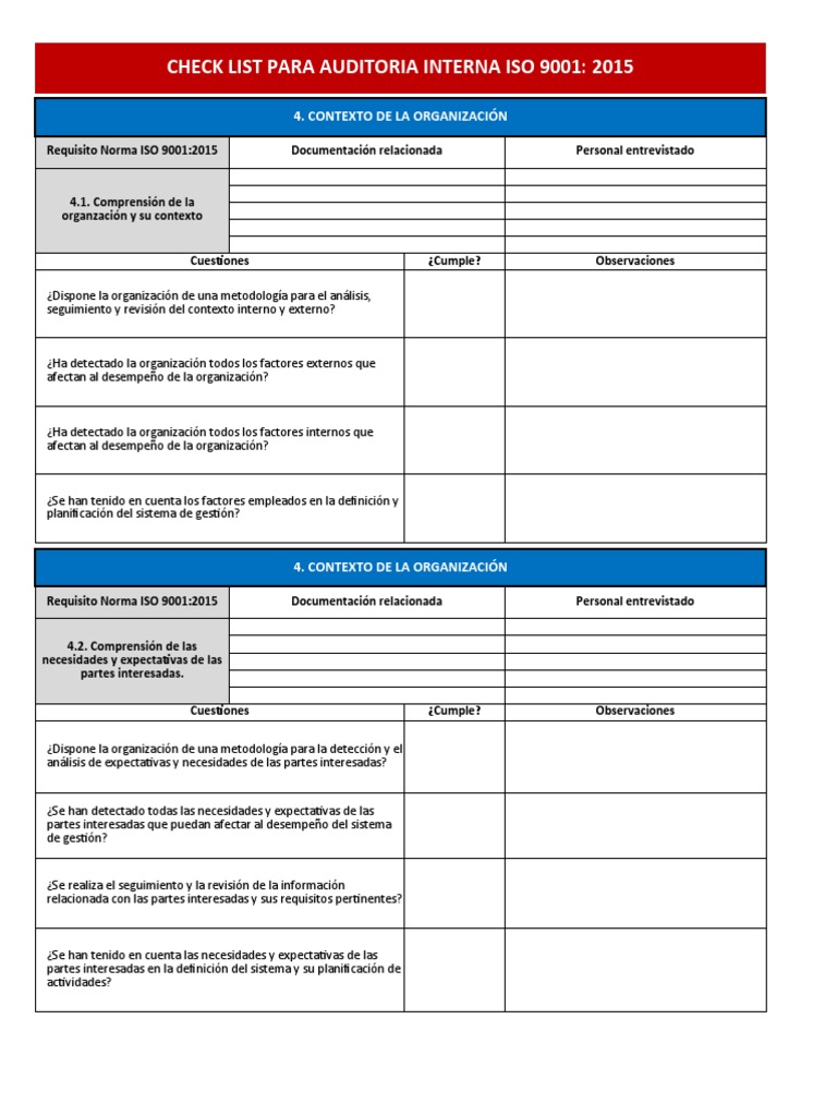 Check List Auditoria ISO 9001 2015 MASTER | PDF