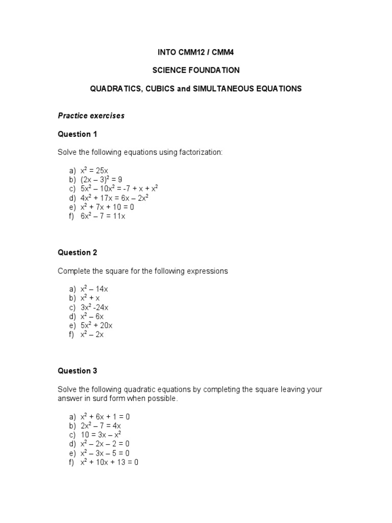 Quadratics Worksheet Sept 2017 Q | PDF | Equations | Cartesian ...