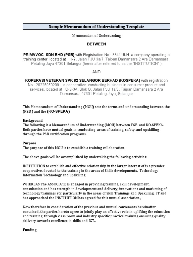 Mou Training Contoh Pdf Memorandum Of Understanding Business