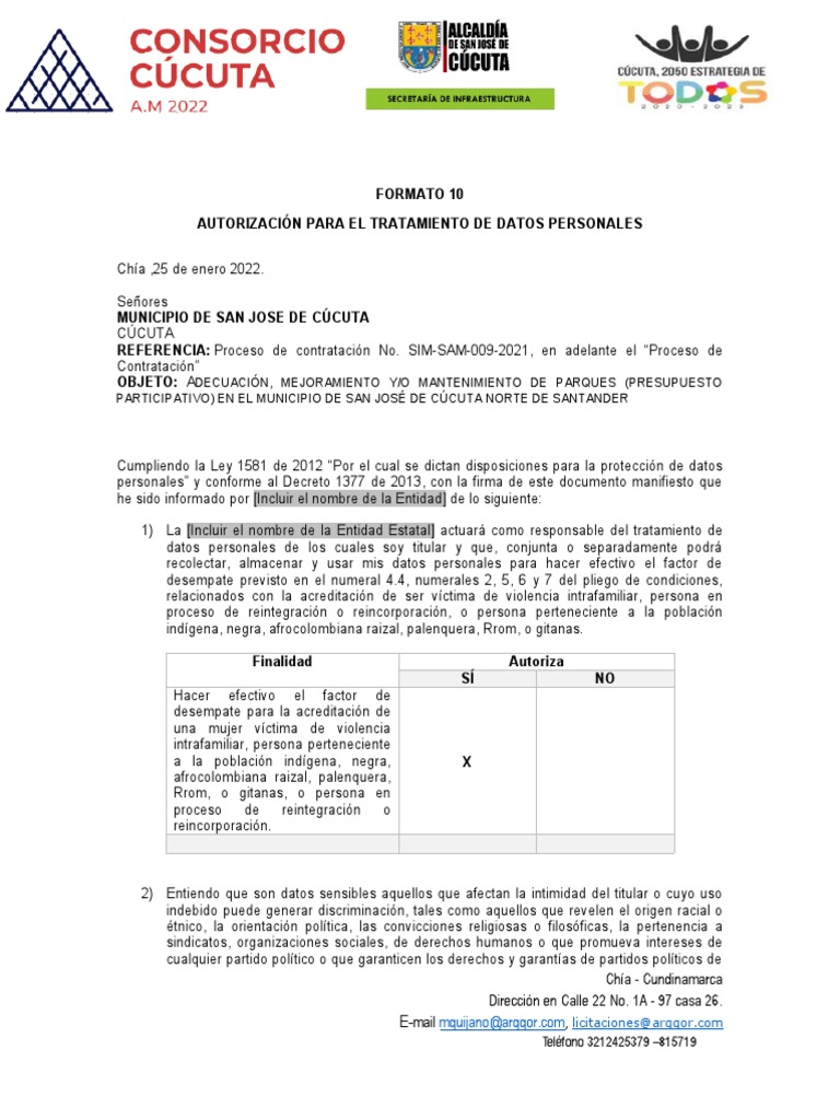 Formato 11 - Autorización para El Tratamiento de Datos Personales | PDF ...