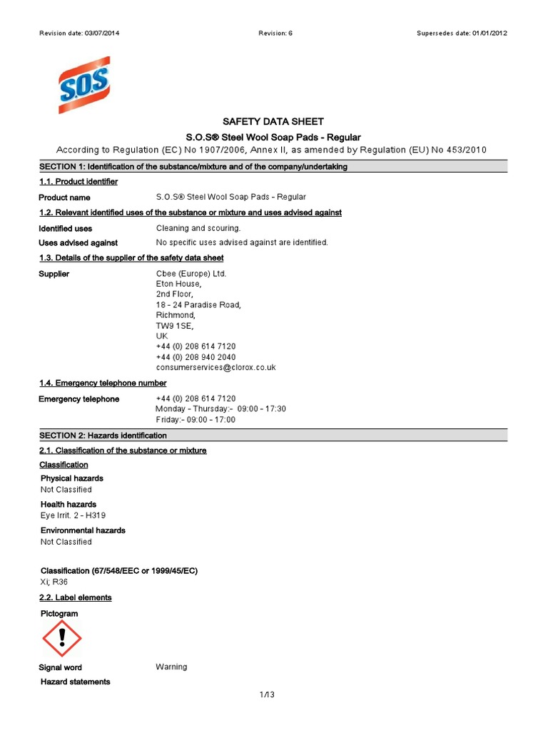 SOS Soap Pads PDF Toxicity Dangerous Goods