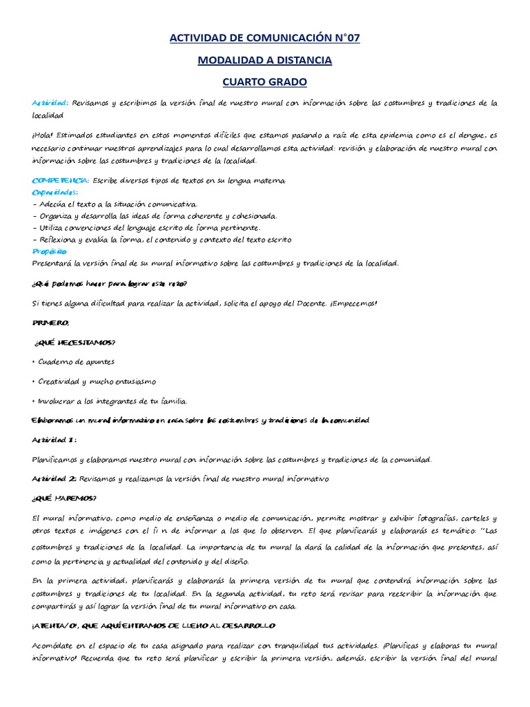 Actividad de Comunicación Cuarto Grado | PDF | Información | Evaluación