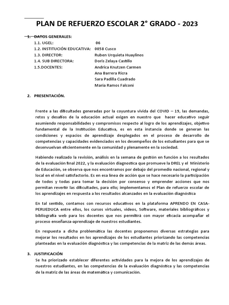 Plan de Refuerzo Escolar 2° Grado 2023 | PDF | Evaluación | Educación ...