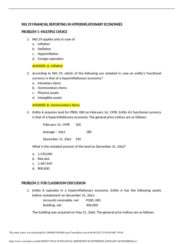 PAS 29 Hyperinflation Reporting Quiz | PDF | Inflation | Economies