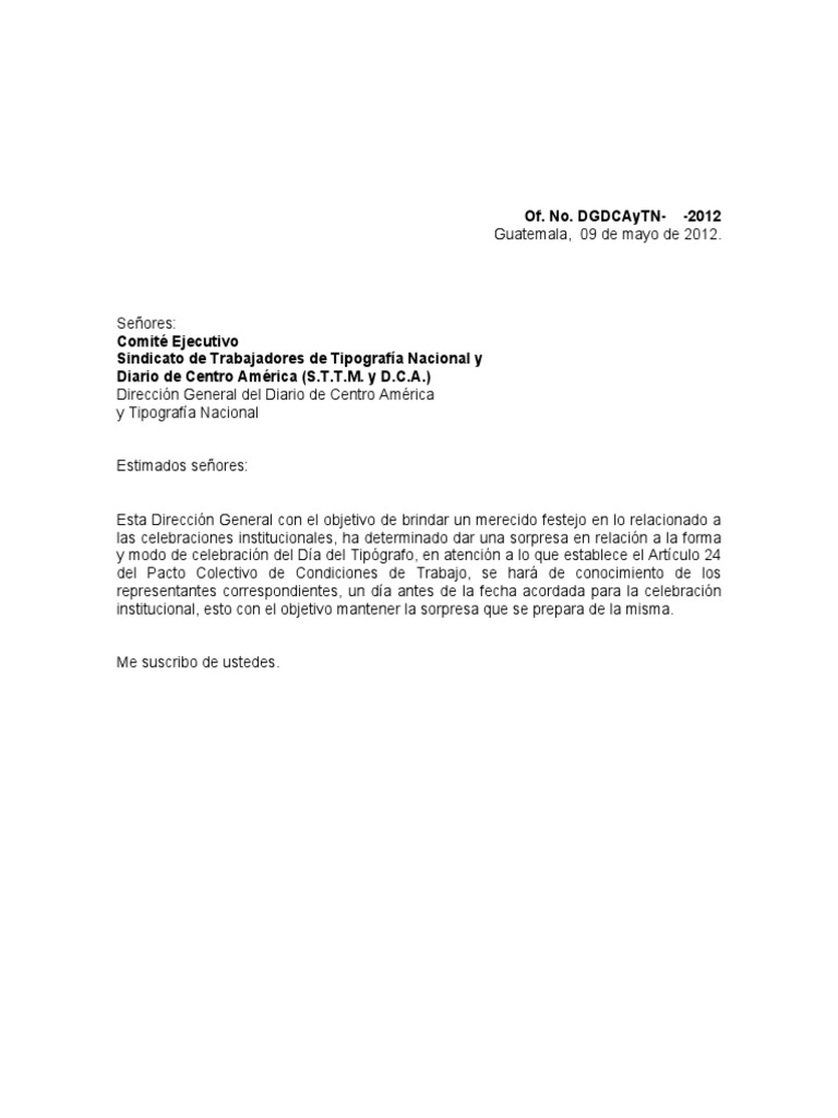 Oficio Sindicato de Trabajadores (Aporte Dinerario) PDF