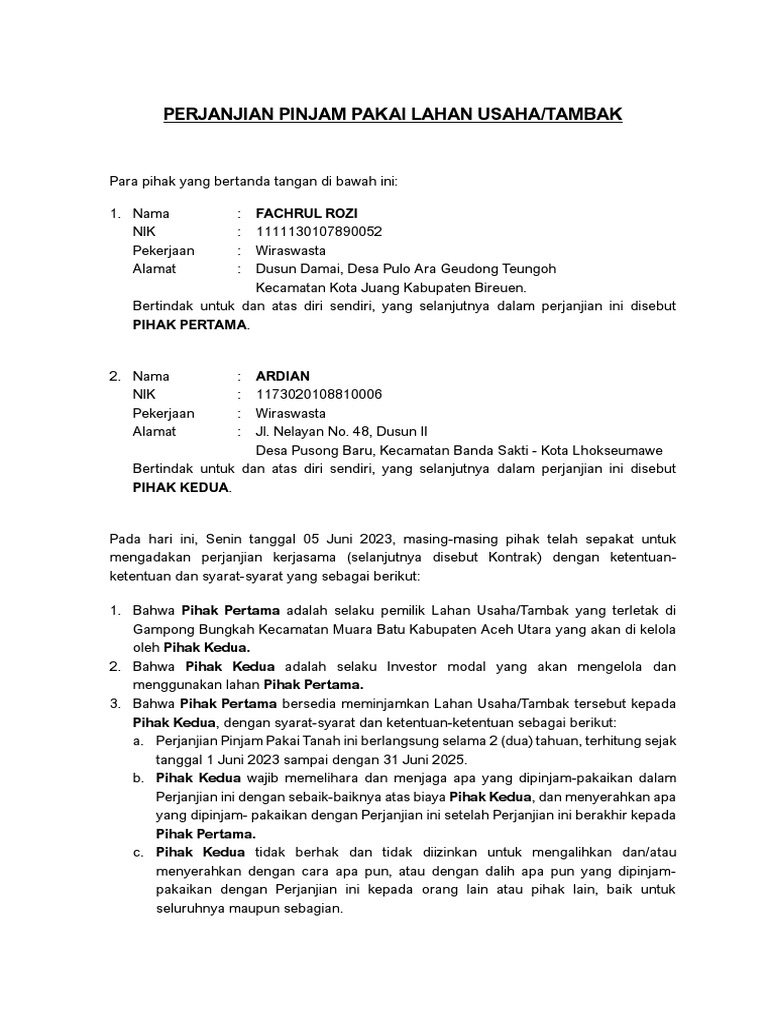 Perjanjian Pinjam Pakai Lahan Usaha | PDF