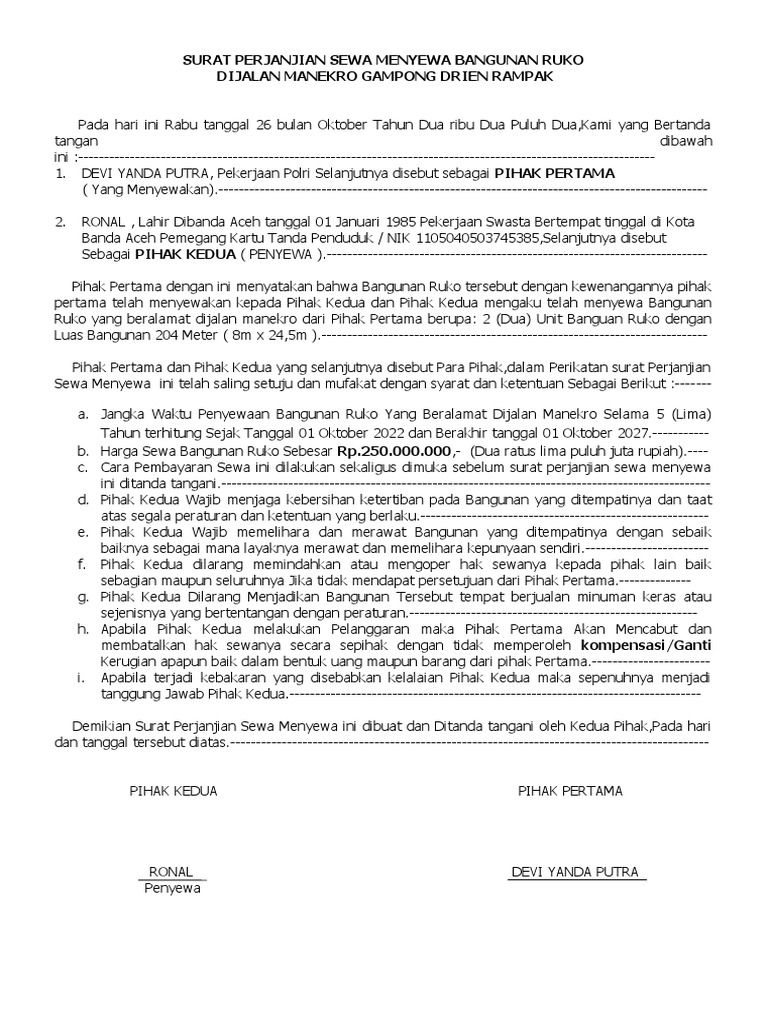 Surat Perjanjian Sewa Menyewa | PDF