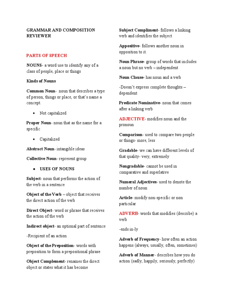 Grammar and Composition Overview | PDF | Verb | Noun