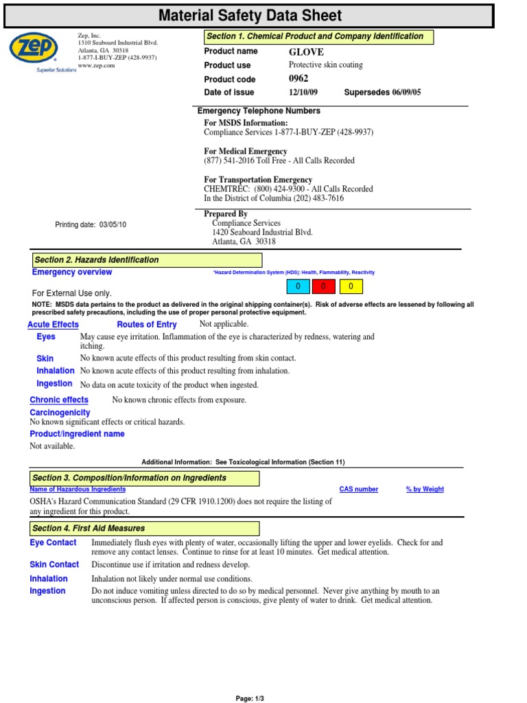 Glove MSDS PDF Water Firefighting