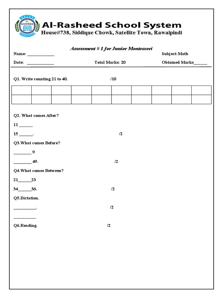Assessment #1 Maths Junior Montessori | PDF