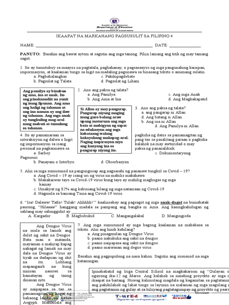 Fourth Periodical Test in Filipino 4 | PDF