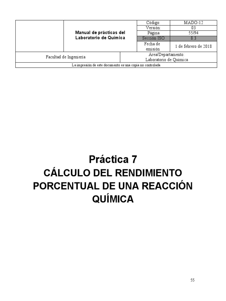 Cálculo Del Rendimiento Porcentual de Una Reacción Química | PDF