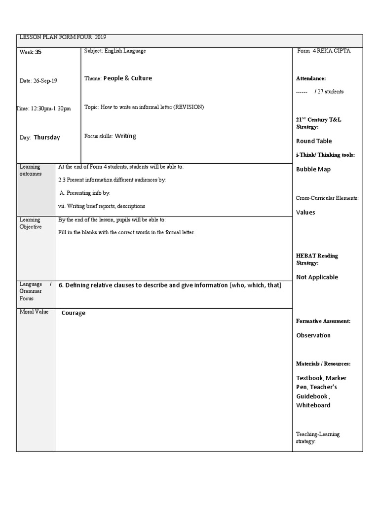 Form 4 English Lesson: Informal Letter Writing | PDF