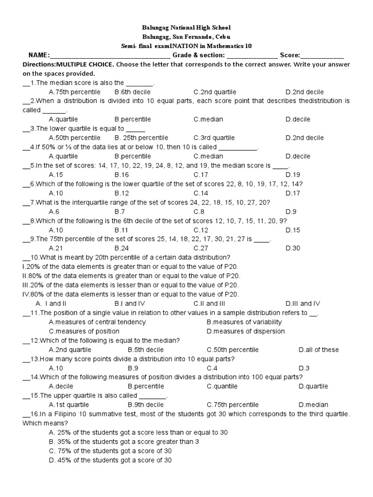 Semi finals in math 10 pdf median percentile