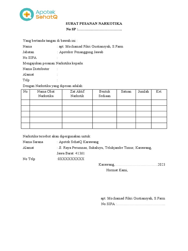 Surat Pesanan Narkotika Apotek | PDF