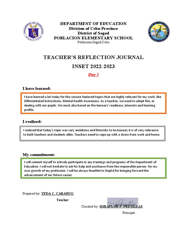 Teacher's Reflection on INSET 2023 | PDF | Self-Improvement